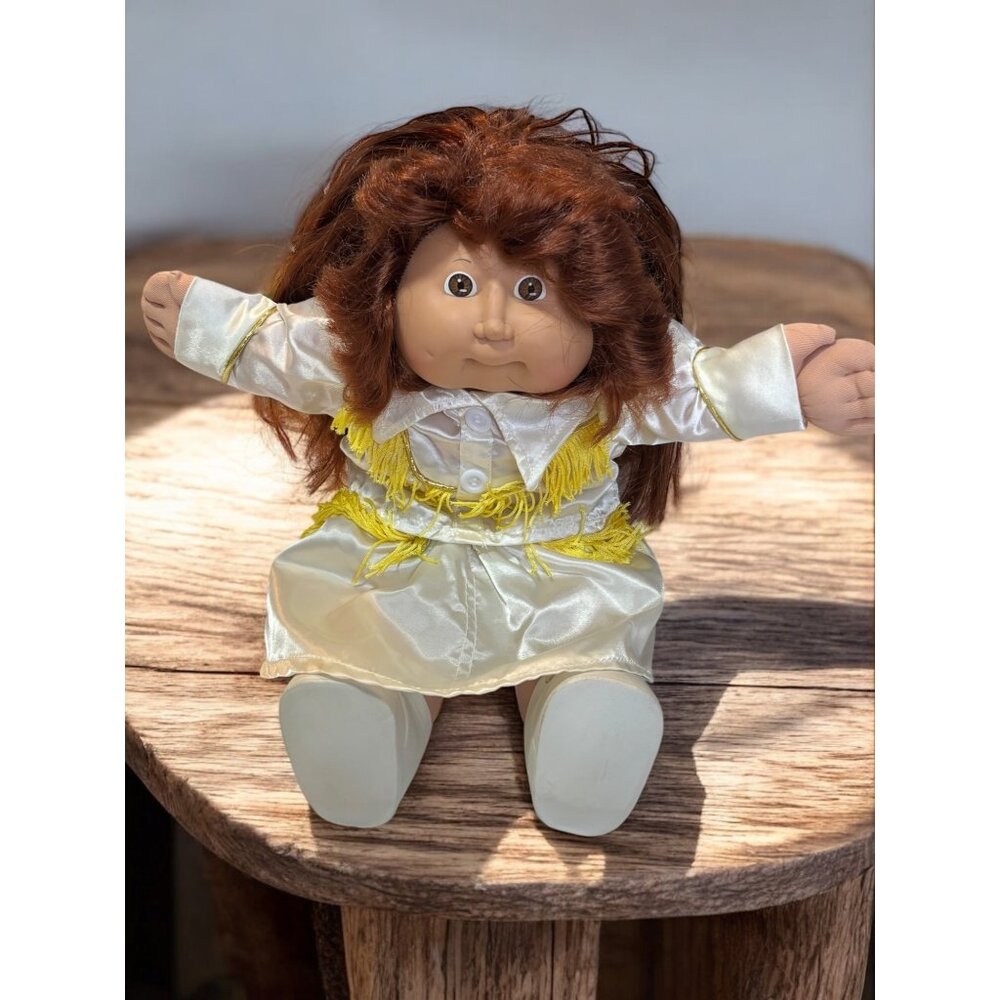 Vintage Cabbage Patch Kid Doll With red Hair & White Satin Outfit With Yellow Fr